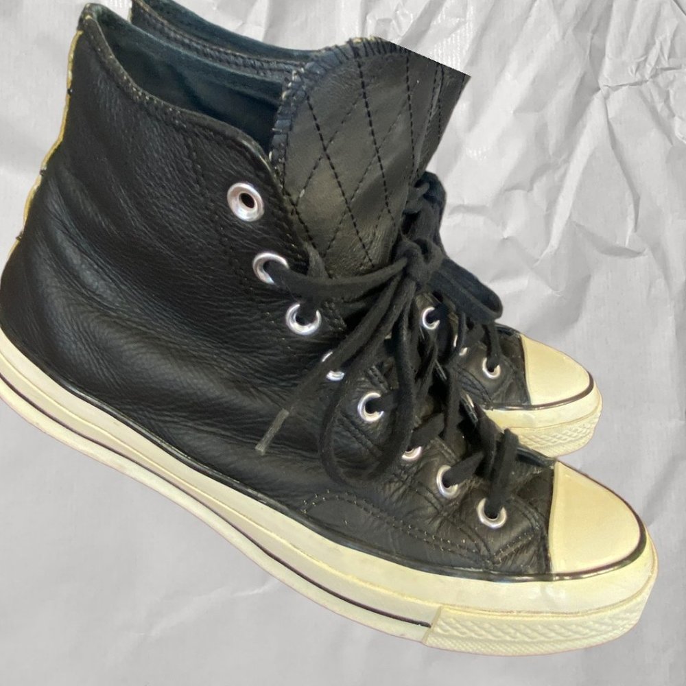 CHUCK TAYLOR CONVERSE ALL STAR BLACK LEATHER HIGH TOPS (W10/M8) - Picture 2 of 7